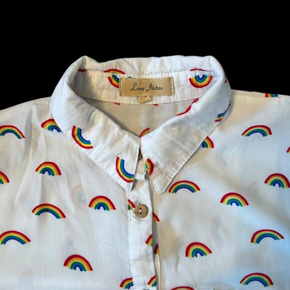 Love Notes Novelty Rainbow Print Semi Cropped Button Up Shirt S - Picture 2 of 5